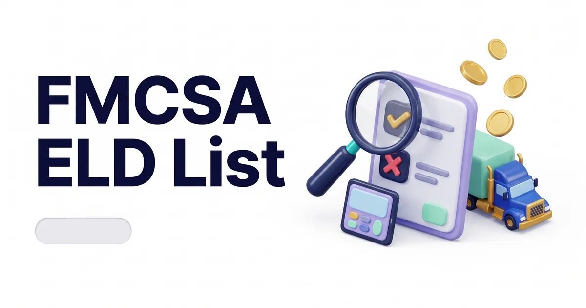 A magnifying glass over FMCSA's ELD list, one device marked registered and one marked revoked
