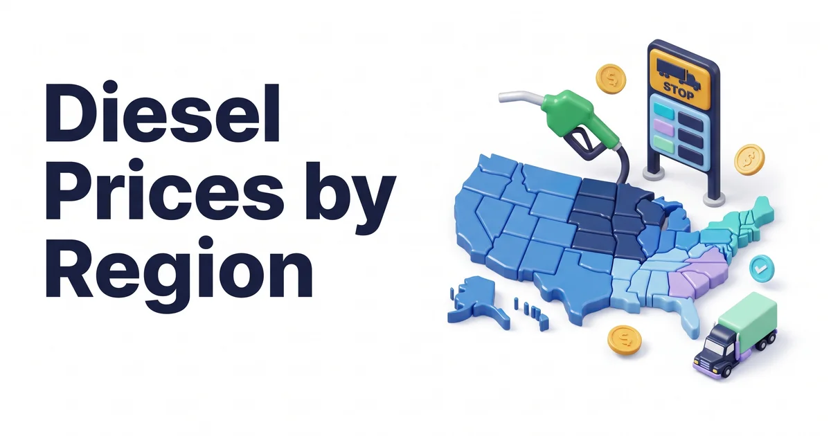 A map of the lower 48 states shaded by region, with a diesel pump nozzle, a truck stop price sign and a semi-truck