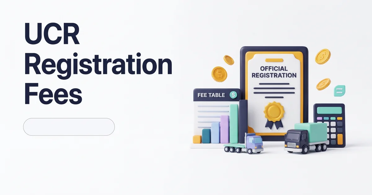 UCR registration certificate with a fee table, a calculator and two trucks